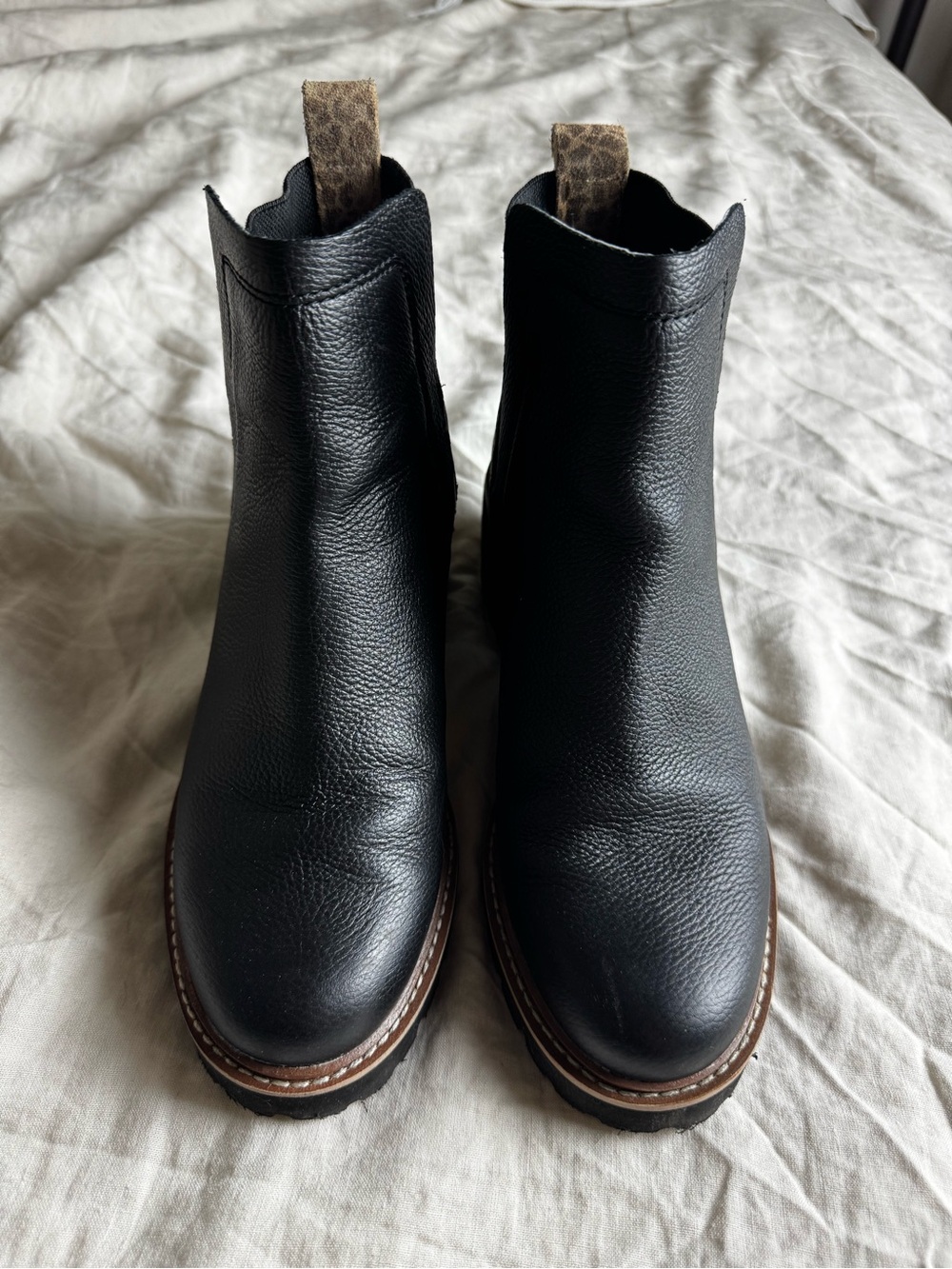 Women's Black Leather Chelsea Boots with Brown Pull Tabs